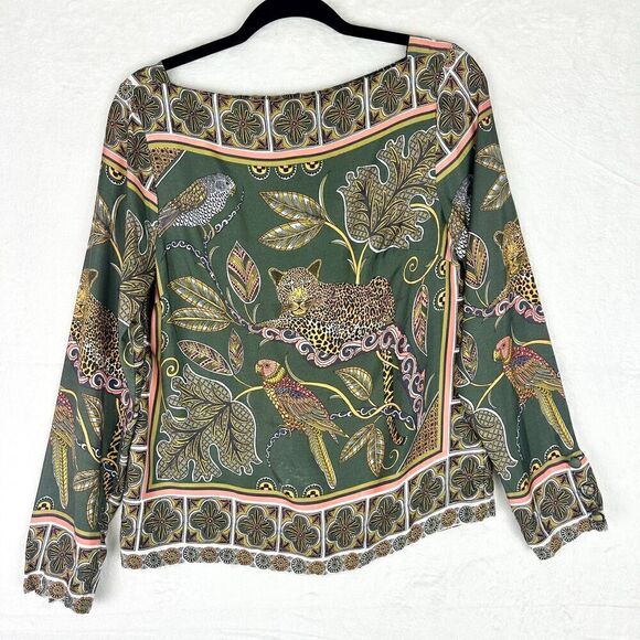 J. Crew Tops - J. Crew Ornate Jungle Drapey Boatneck Top Size XS Long Sleeve Jaguar Bird